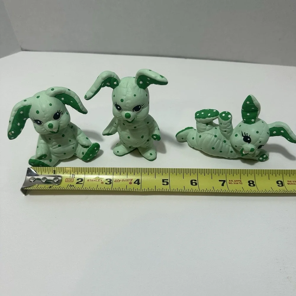 3 pc Ceramic Bunny Rabbit Figurines Big‎ Eyed Ears Stuffed Stitched Hand Painted